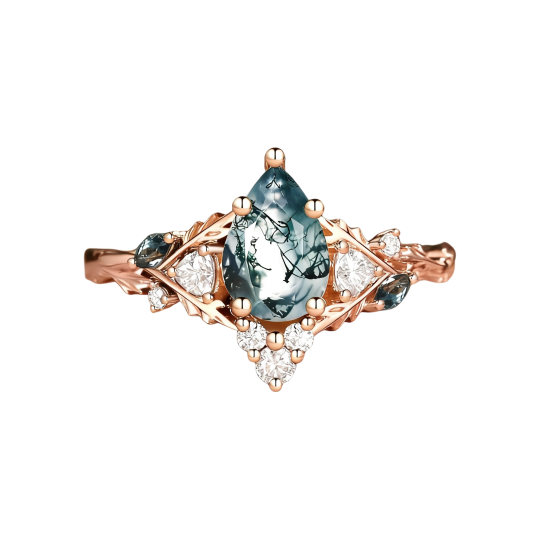 10K Rose Gold Pear Cut Moss Agate Custom Engagement Ring