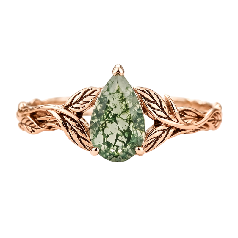 10K Rose Gold Pear Cut Moss Agate Engagement Ring-7
