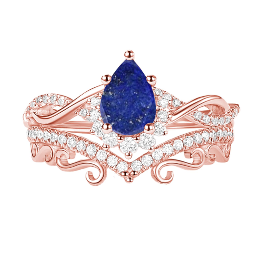 Set da sposa personalizzato in oro rosa 10K con zaffiro a forma di pera e diamanti di laboratorio