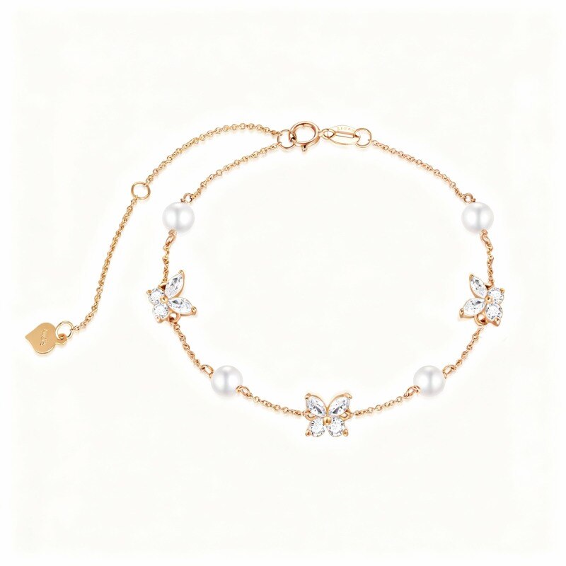 Pulsera con dije de mariposa de oro rosa de 18 quilates, perla y circonita cúbica-1