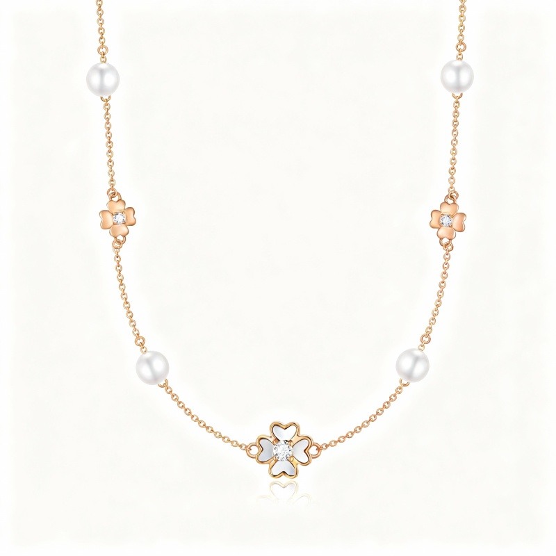Gargantilla de metal con forma de trébol de cuatro hojas, perla y circonita cúbica en oro rosa de 10 quilates-1
