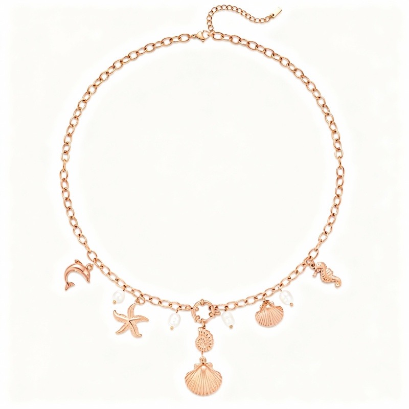 Halskette aus 10-karätigem Roségold mit Perlenanhänger in Form von Delfin, Seepferdchen, Seestern und Muschel-1