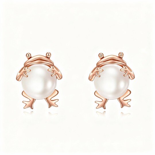 Pendientes de botón de oro rosa de 10 quilates con perlas y forma de rana