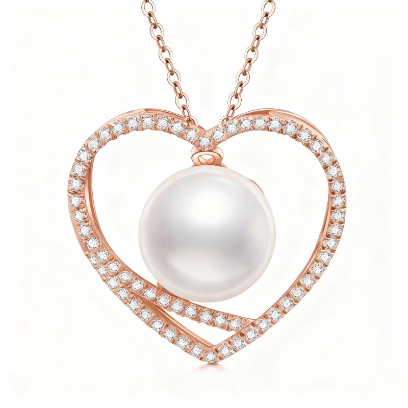 Collar con colgante de corazón de perla en oro rosa de 14 quilates-1