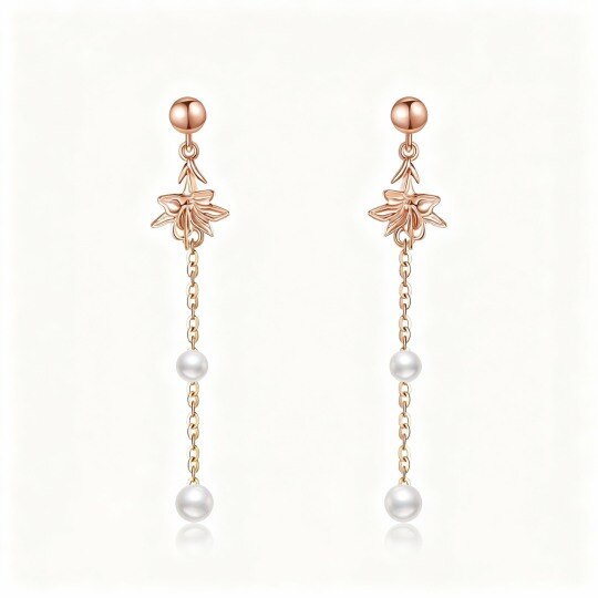 Pendientes colgantes de lirio con perlas y oro rosa de 10 quilates