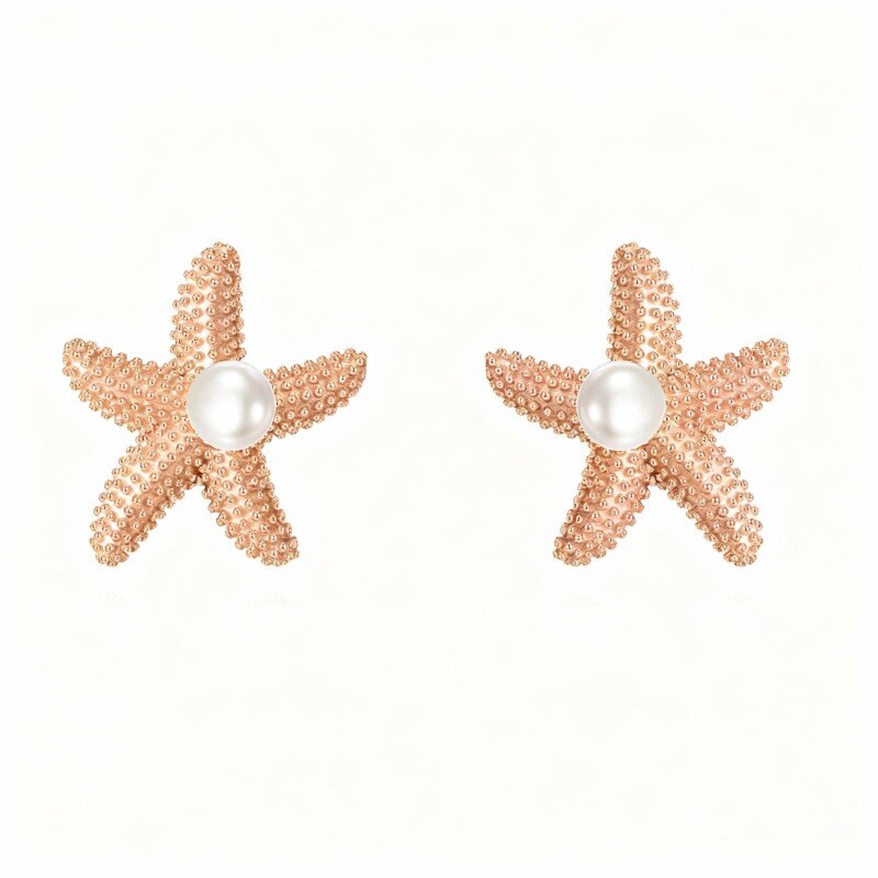 14K Rose Gold Pearl Star Stud Earrings-1