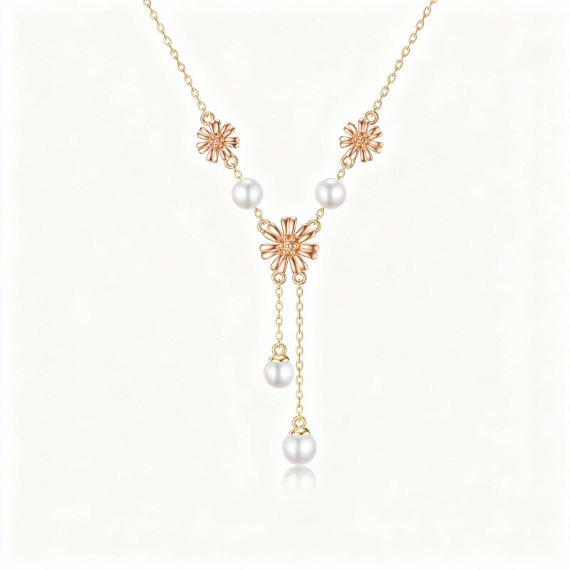 10K Rose Gold Pearl Sunflower Pendant Necklace-1