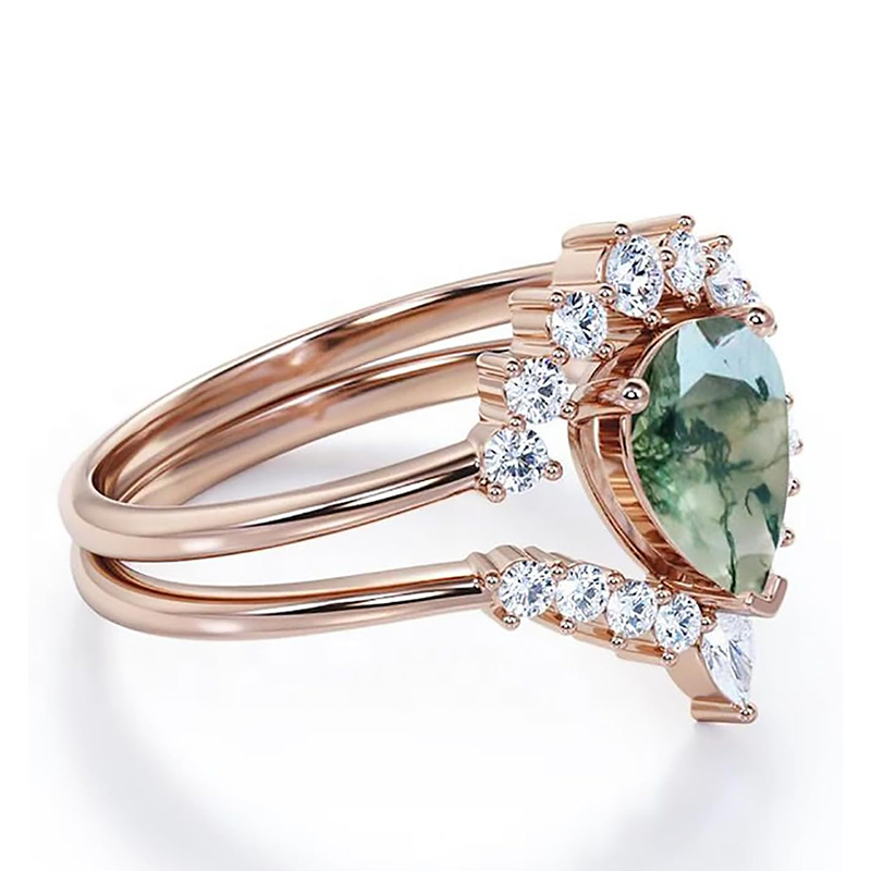 10K Rose Gold Pear Cut Moss Agate & Moissanite Bridal Set-3