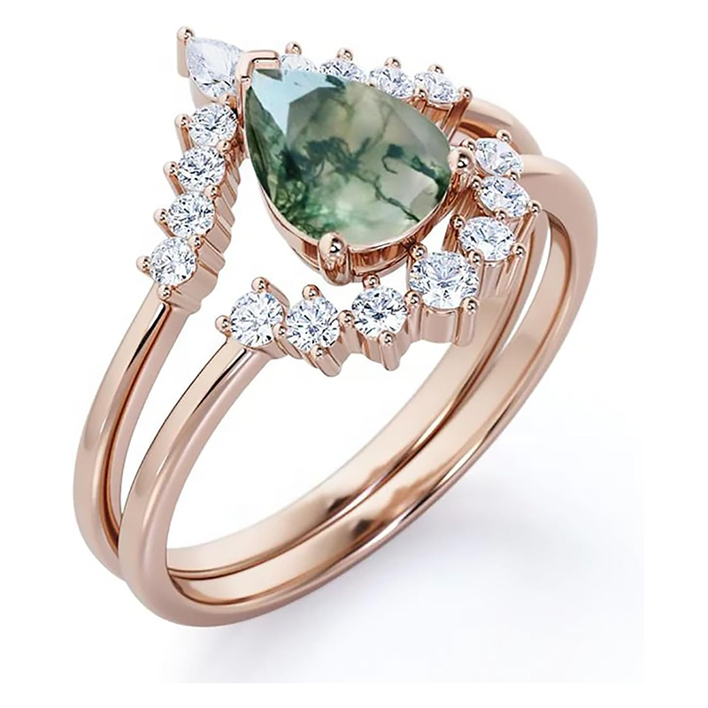 10K Rose Gold Pear Cut Moss Agate & Moissanite Bridal Set-4