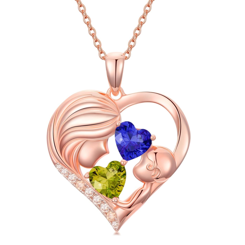 Collar con colgante personalizado de oro rosa de 14 quilates con piedra natal, abuela, madre y corazón-1