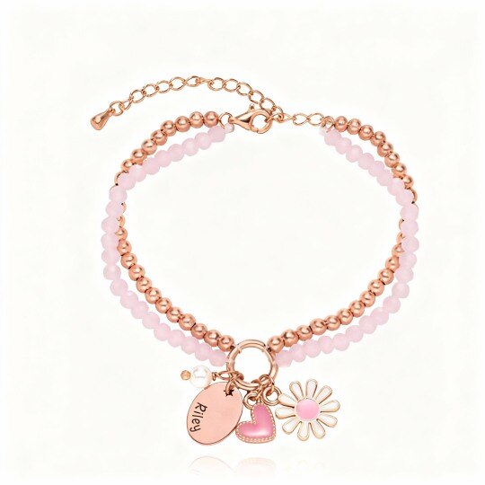 14K Rose Gold Sunflower & Engravable & Heart Charm Bracelet