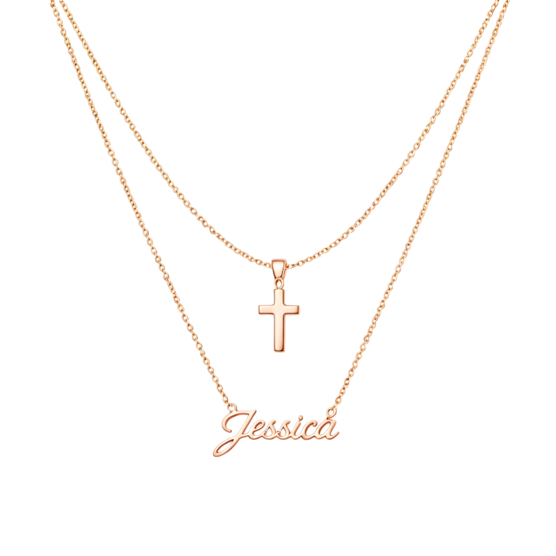 10K Rose Gold Personalized Classic Name & Cross Layered Necklace-1