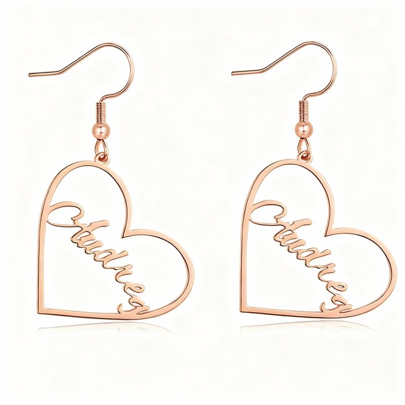 18K Rose Gold Personalized Classic Name & Heart Drop Earrings-1