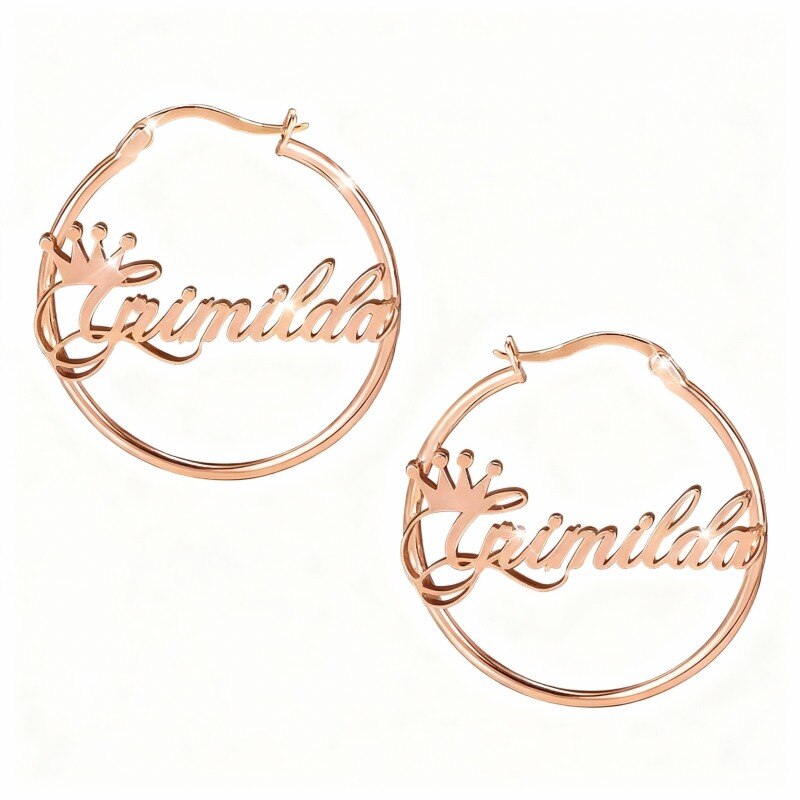 Boucles d'oreilles créoles classiques personnalisées avec nom en or rose 18 carats-1