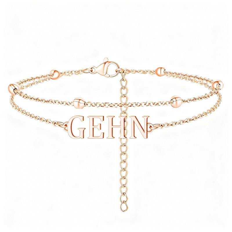 Bracelet de cheville à breloques multicouches en or rose 10 carats, personnalisé avec un nom classique-1