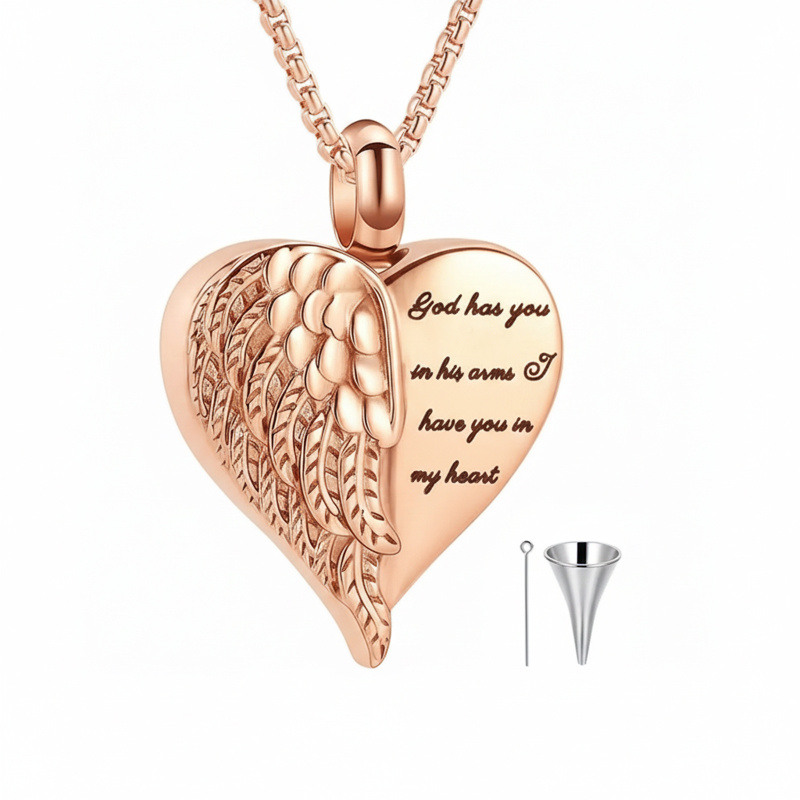 Collier urne en or rose 10K avec gravure personnalisée, aile d'ange et cœur, pour cendres-15