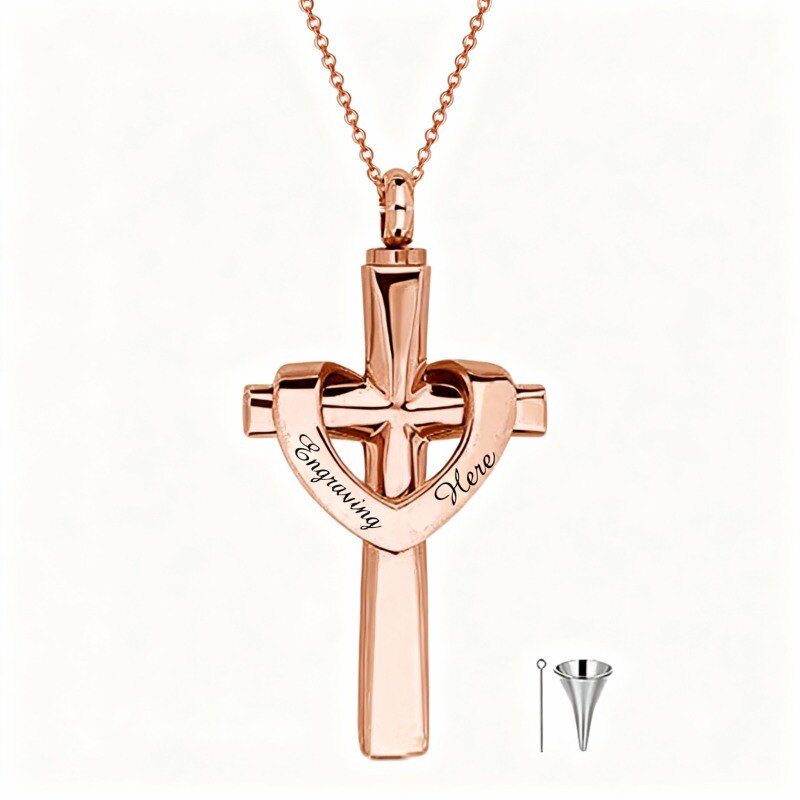 Collier urne funéraire en or rose 18 carats avec gravure personnalisée, croix et cœur-1