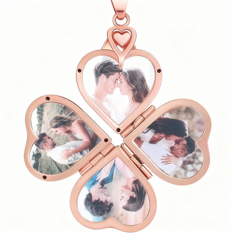 14K Rose Gold & Personalized Engraving Four Leaf Clover & Personalized Photo & Heart Personalized Photo Locket Necklace-1