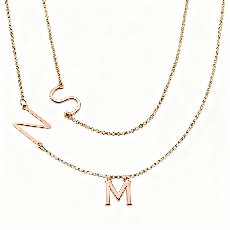 Collar de oro rosa de 14 quilates con inicial personalizada y collar de varias capas-1