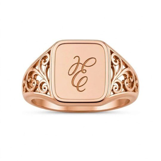 10K Rose Gold Personalized Initial Letter Signet Ring for Men