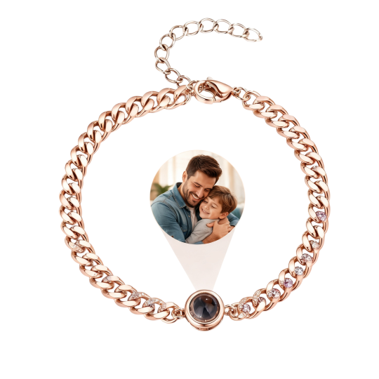 Pulsera con dije personalizado de oro rosa de 18 quilates con proyección, para padre e hija, para padre e hijo, para padres e hijos y para hombre.