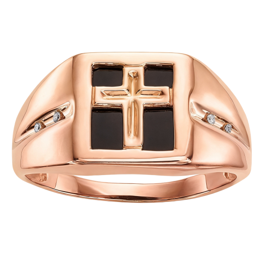 Anel de sinete em forma de cruz com ágata lapidada princesa e moissanita em ouro rosa 10K para homem.