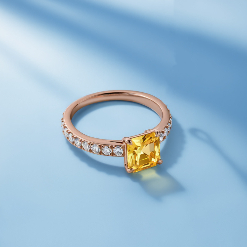 14K Or Rose Gold Bague de Fiançailles en Citrine Coupe Princesse-5