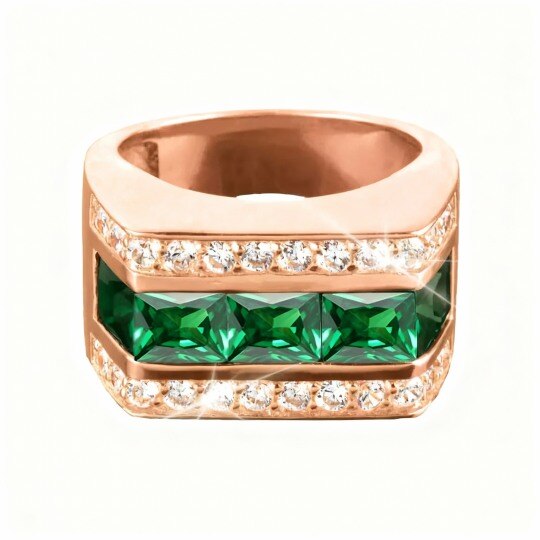 Anillo de compromiso para hombre en oro rosa de 9 quilates con circonita cúbica talla princesa y moissanita, con piedra natal personalizada y grabado personalizado.