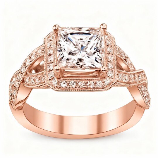 Anillo de compromiso cuadrado con circonita cúbica talla princesa en oro rosa de 10 quilates y piedra natal personalizada
