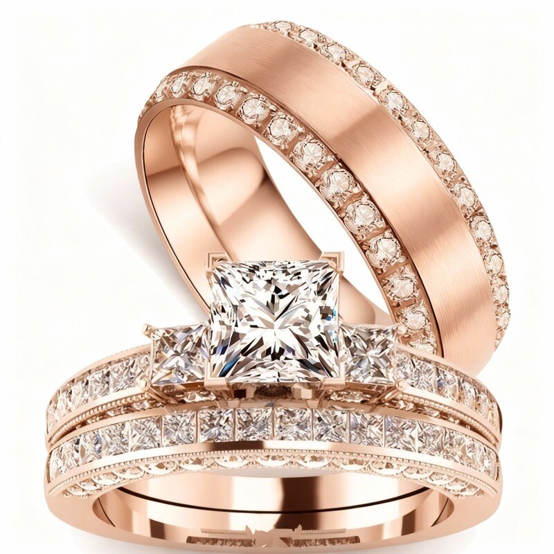 10K Rose Gold Princess Cut Custom & Couple Couple Rings-11
