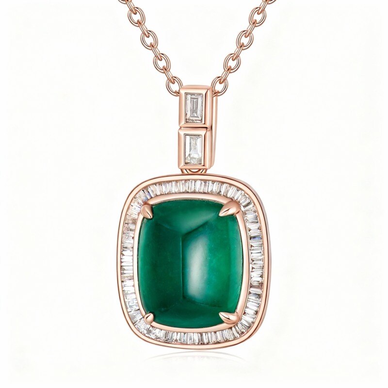 10K Rose Gold Princess Cut Diamond & Emerald Square Pendant Necklace-3