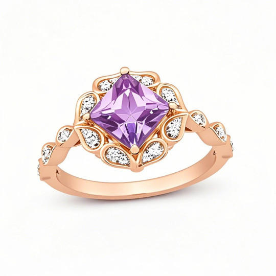 Anillo de compromiso personalizado con gemas y flores de corte princesa en oro rosa de 10 quilates