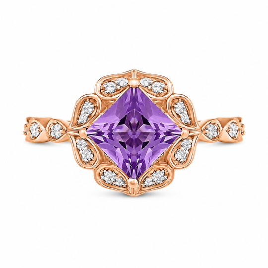 Verlovingsring van 10 karaats roségoud met prinsesslijpsel en moissanite-edelsteen in wildbloemenmotief.