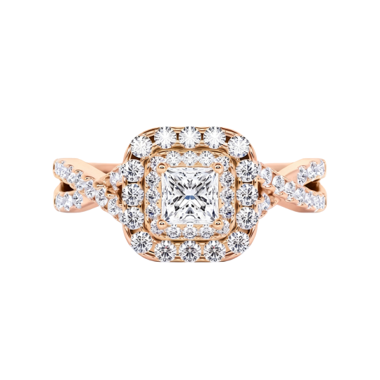 Anillo de compromiso personalizado de oro rosa de 10 quilates con diamante cultivado en laboratorio de talla princesa.