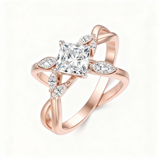Anillo de boda de oro rosa de 10 quilates con moissanita talla princesa y talla marquesa