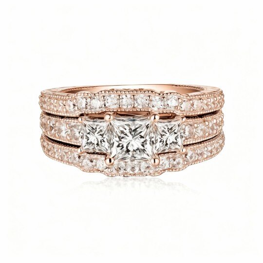 Set da sposa personalizzato con incisione in moissanite taglio principessa in oro rosa 10K