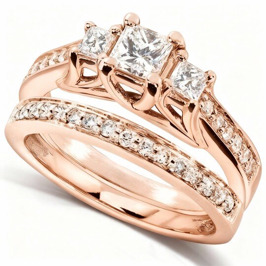 Parure da sposa in oro rosa 10 carati con moissanite taglio principessa