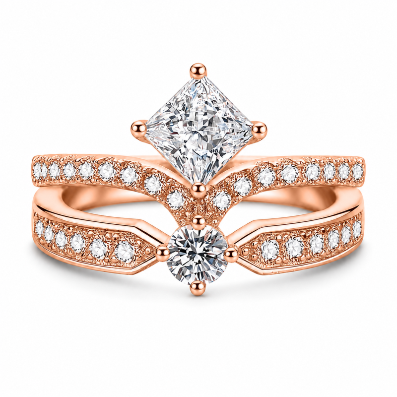Bague de fiançailles en or rose 10 carats avec moissanite taille princesse et anneau chevron-1