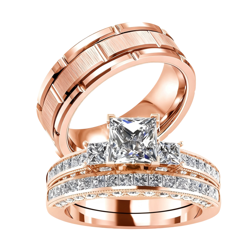 Anillos de pareja de moissanita talla princesa en oro rosa de 18 quilates-1