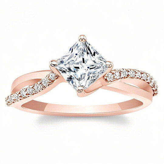 Anillo de compromiso de oro rosa de 10 quilates con moissanita de talla princesa