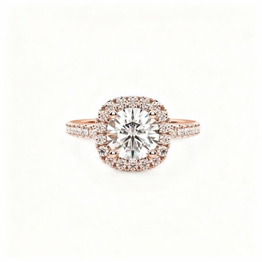 Anillo de compromiso para parejas con moissanita talla princesa en oro rosa de 10 quilates con grabado personalizado.