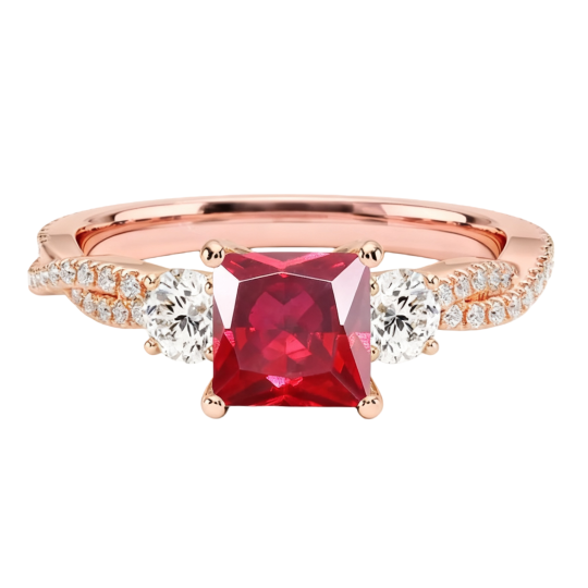 Verlobungsring aus 10-karätigem Roségold mit Moissanit und Rubin im Prinzessschliff