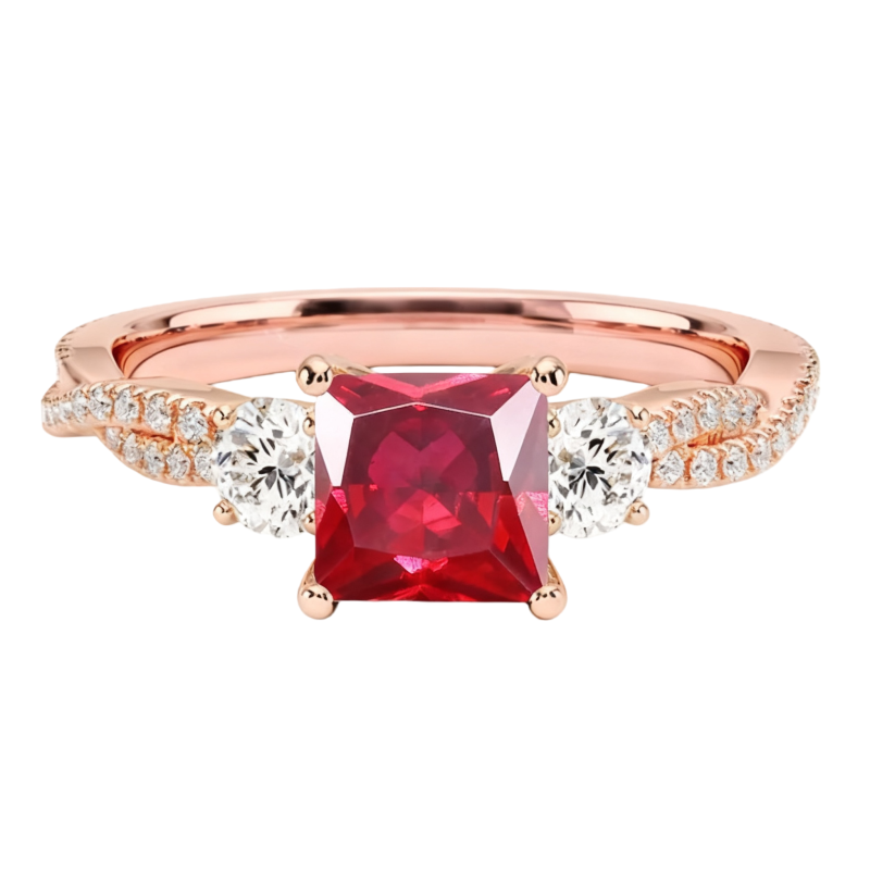 Verlobungsring aus 10-karätigem Roségold mit Moissanit und Rubin im Prinzessschliff-18