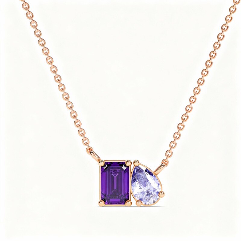 Collier pendentif personnalisé en or rose 10 carats avec zircon cubique taille princesse et poire, pierre de naissance et sœurs-1