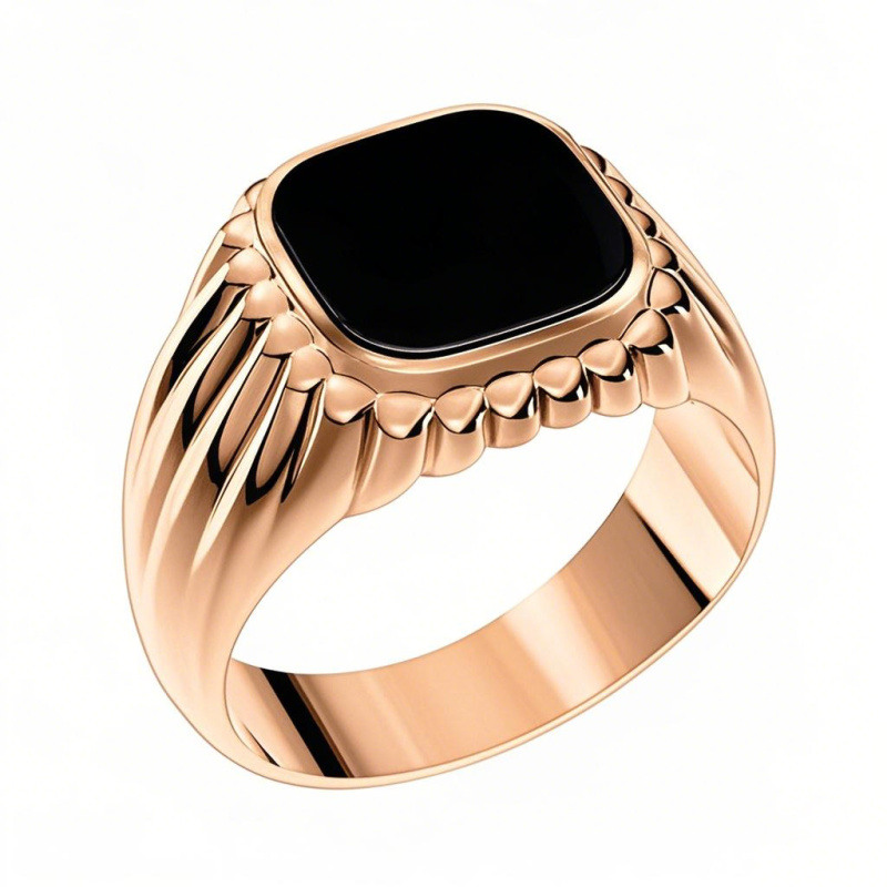 18K Rose Gold Princess Cut Shaped Black Agate Personalized Engraving & Square Ring for Men-1