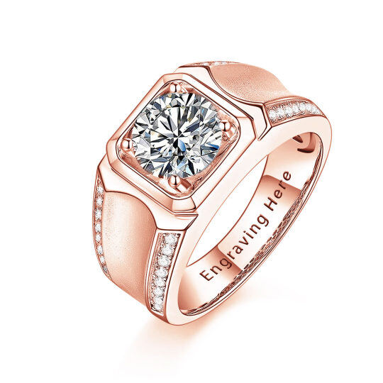 Anillo de compromiso y moissanita talla princesa en oro rosa de 10 quilates con grabado personalizado para hombre
