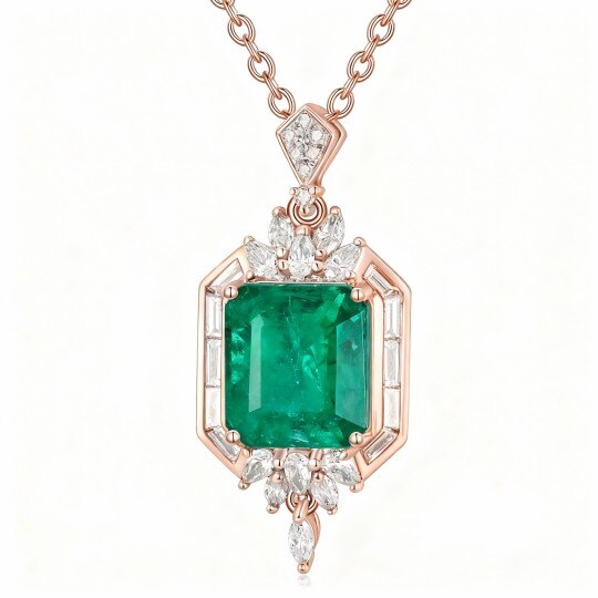 Collier pendentif carré en or rose 10 carats avec diamant et émeraude taille princesse