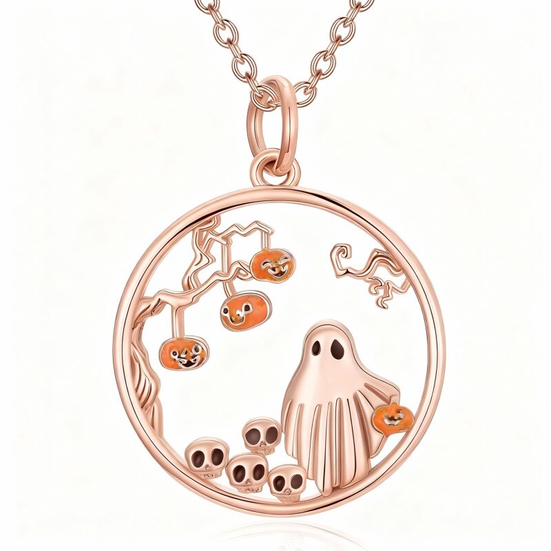10K Rose Gold Pumpkin & Round & Skull & Ghost Pendant Necklace-5