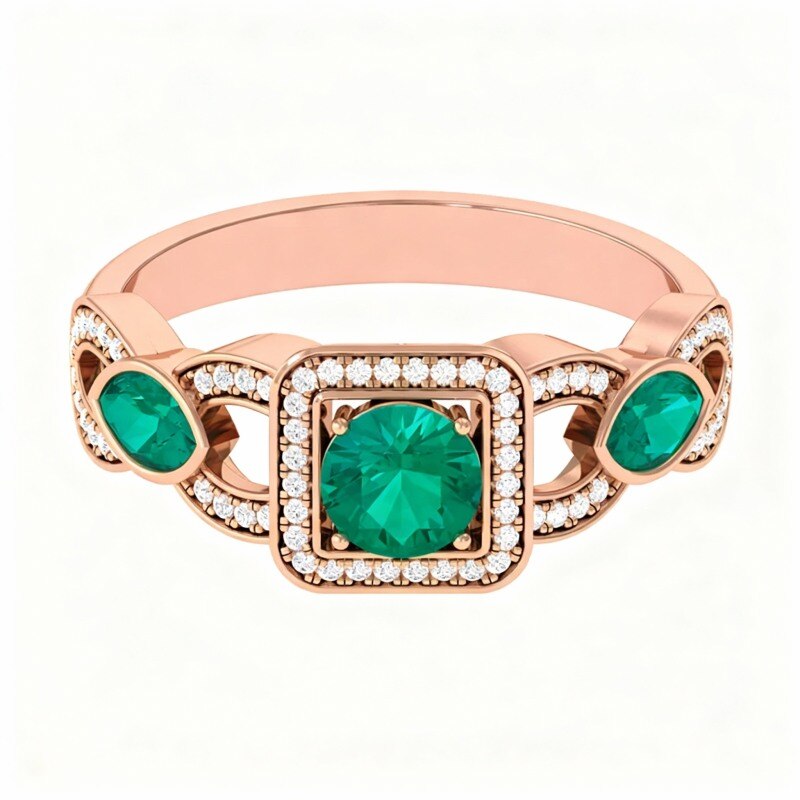 14K Rose Gold 0.8 CT Round Cut Lab-Grown Emerald Custom Sidestone Engagement Ring-1