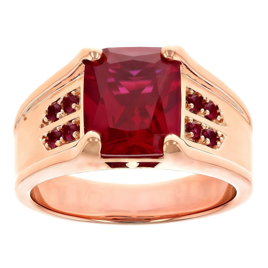 Anel para homem em ouro rosa 10K com rubi de lapidação radiante.